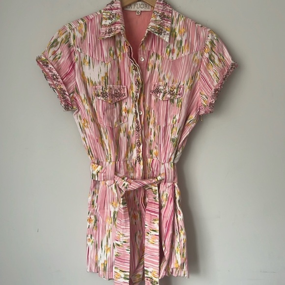 La Fuori- Anthropologie Pink Green Embroidered Romper- CiriOut Size Medium 🔲 - Picture 4 of 16